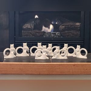 Eight Vintage Unpainted Ceramic Bisque Standing Owl Napkin Rings Cramer 1981